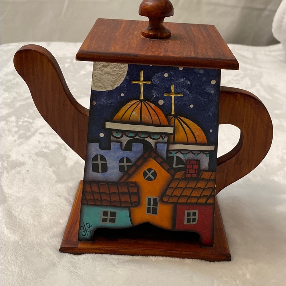 Handcrafted Wooden Teapot with Colorful Village Design